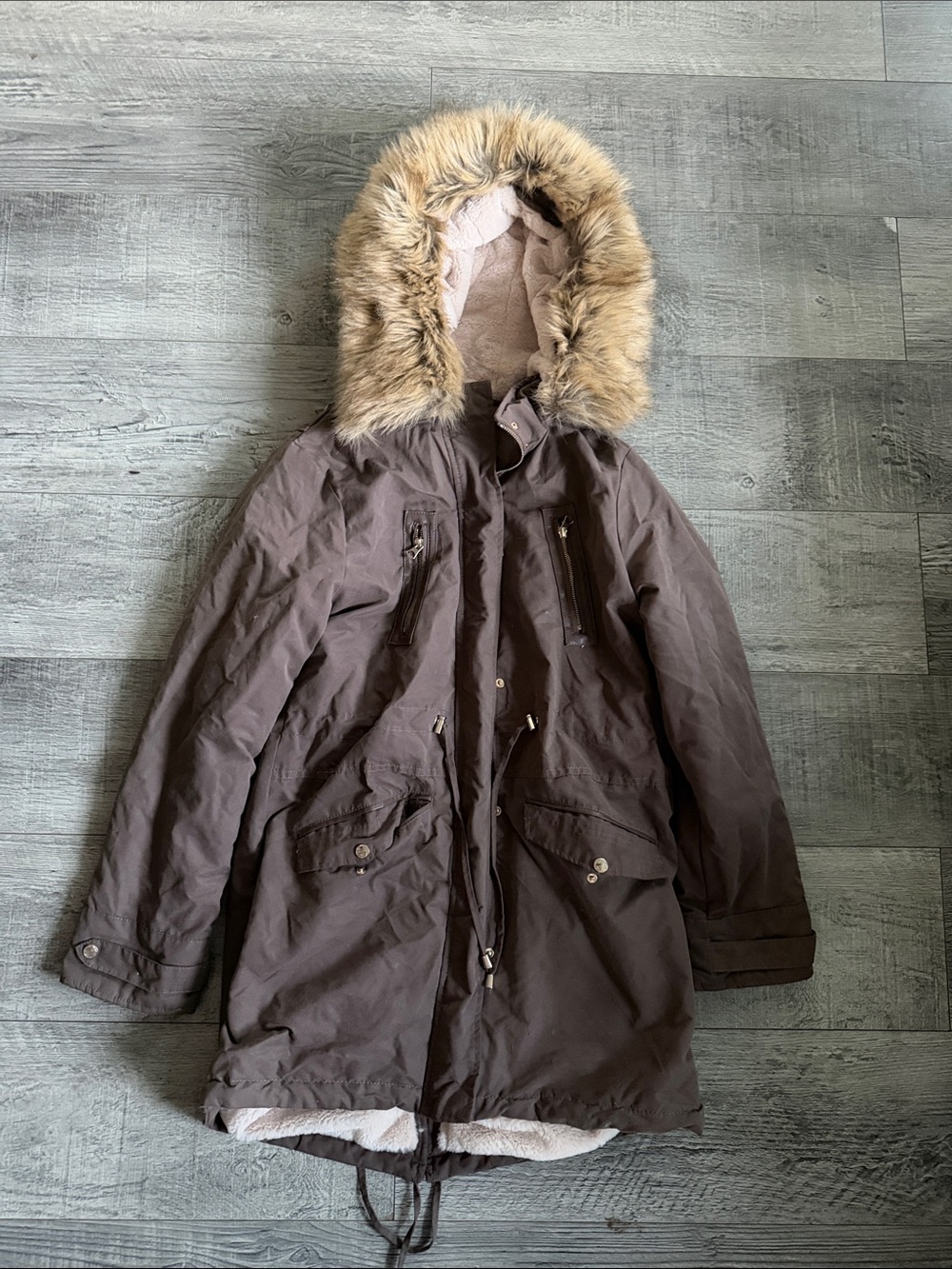 Women’s Hooded Parka Coat with Faux Fur Trim - Brown